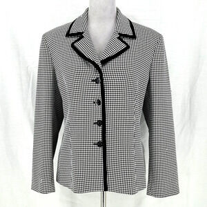 Le Suit Jacket Plus Size 18 White Black Houndstooth Lined Black Trim Blazer
